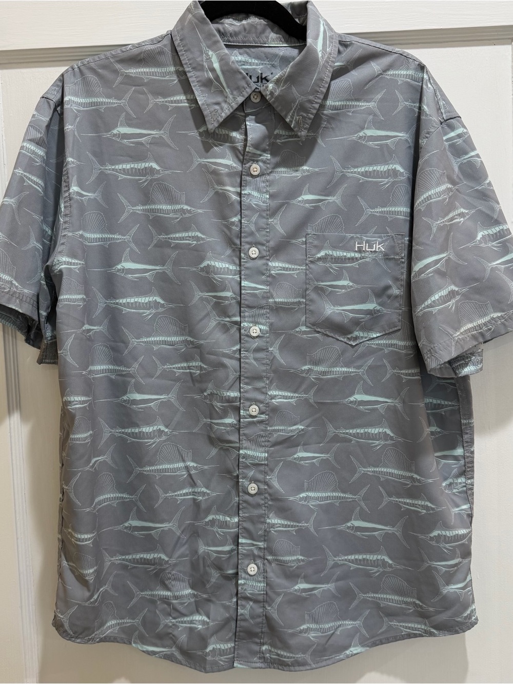 Men’s Huk Performance Fishing Shirt Grey with Fish Print